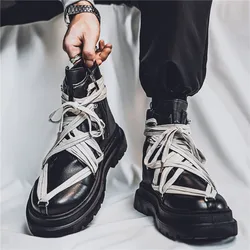 Designer Black Men Motorcycle Boots Fashion Strap Short Barrel Boots Men Streetwear Shoes Platform Leather Ankle Boots Man 2025