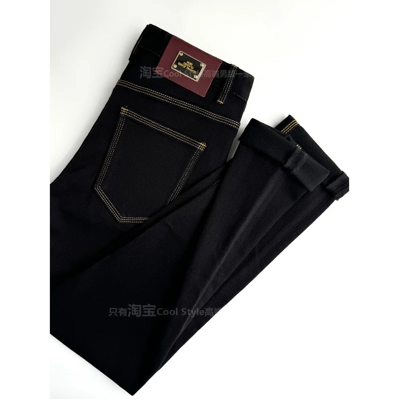 

Black jeans for men, slim fit trend, business simplicity, light luxury fashion, autumn and winter with fleece denim pants