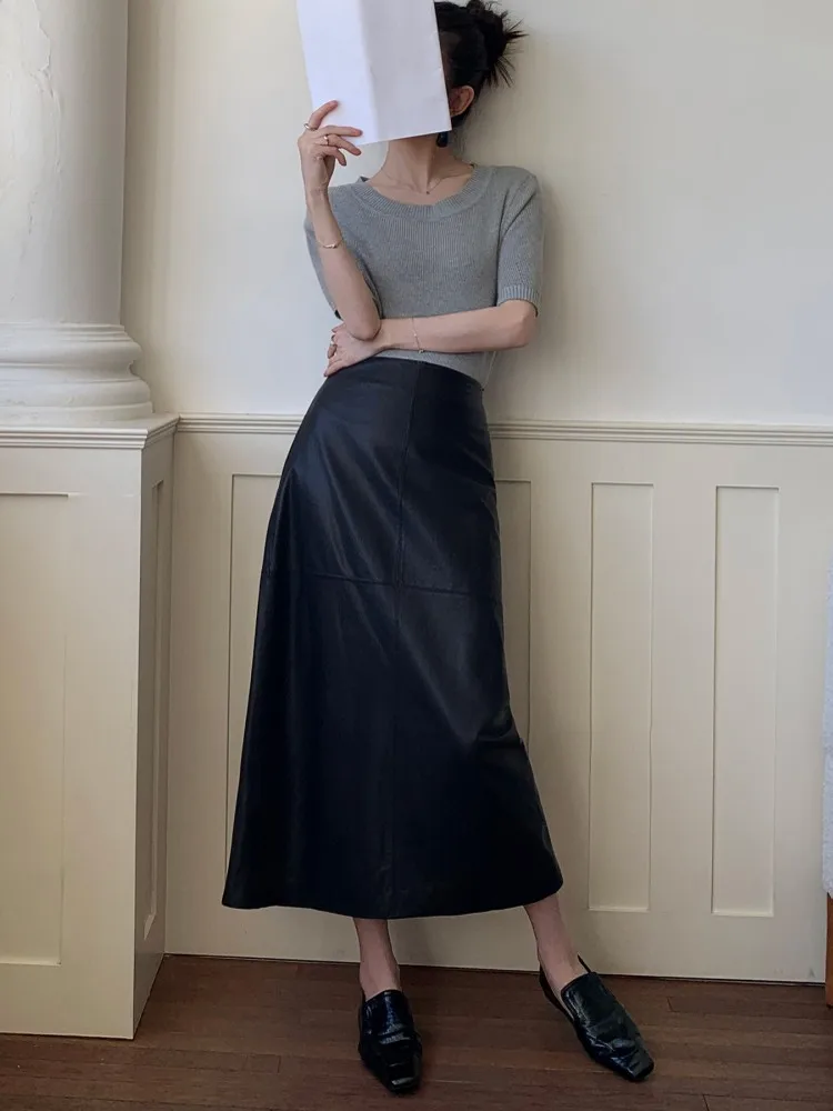 Womens New Genuine Leather High Waist Slim Fit Elegant Skirt Office Ladies Fashion Split Sheepskin Ankle Length Casual Skirt