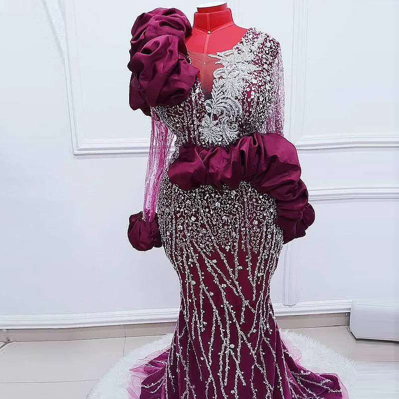 

Purple Beauty Fish Evening Dress Ruffle Long Sleeve Prom Dress Aso Ebi Beading Wedding Formal Party Banquet Dress