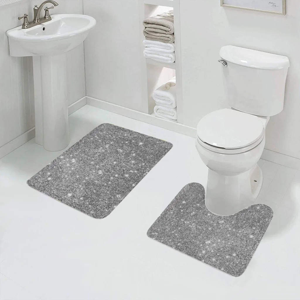 Silver Glitter Sparkles Bathroom Rugs Set 2 Piece U-Shaped Toilet Rug Soft Non-Slip Thick Bath Mat and Contour Toilet Rug