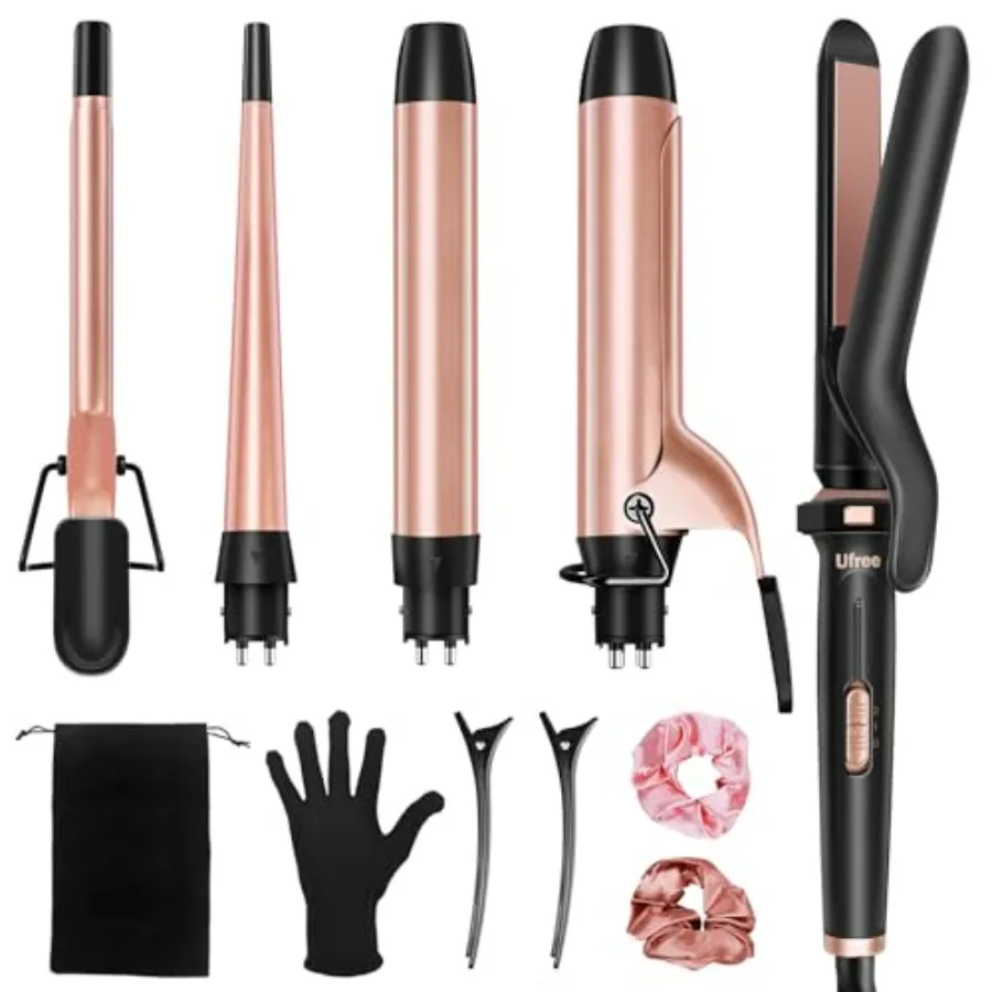 

5 in 1 Curling Iron with Interchangeable Ceramic Barrels 0.35"-1.25",Curling Wand Set with Flat Iron Hair Straightener, Instant