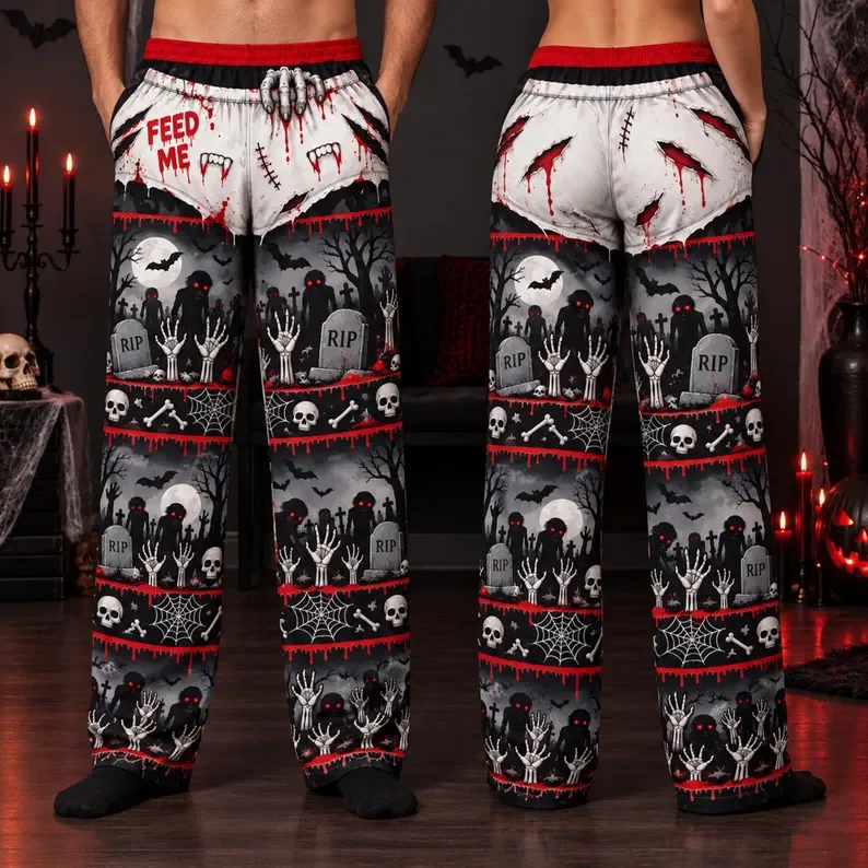 Men's Fun Halloween Fake Tear Off Hip Print Zombie Cemetery Skeleton Bat Spider Web Novelty Horror Party Casual Pants