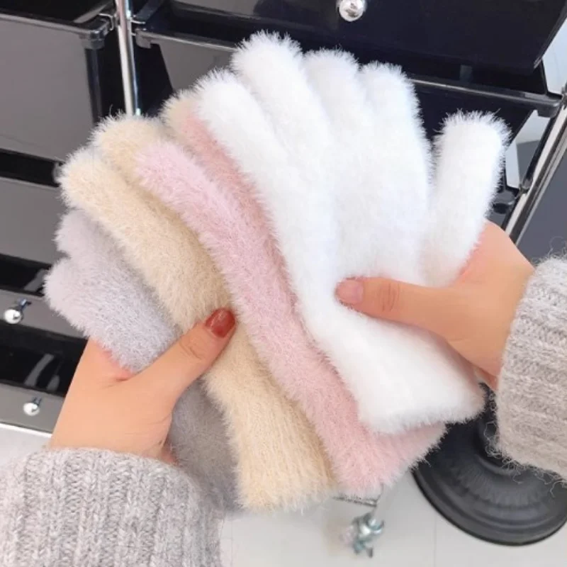 Gants à cinq doigts en velours de vison pour femmes, mitaines en peluche chaudes, résistantes au froid, extérieur, cyclisme, documents solides, contaminants, mode hivernale