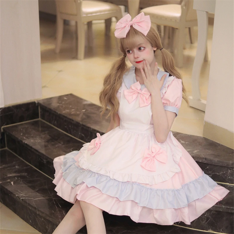 Pink Dopamine Style Lolita Outfit Japanese Anime Maid Cosplay Costume Doll Neck Bubble Sleeve Mini Dress and Sweet Bow Apron Set