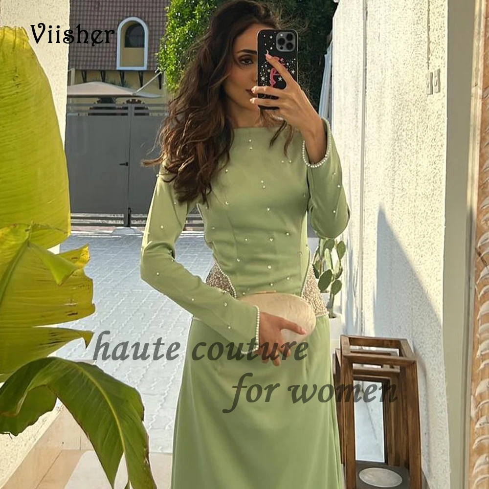 

Sage Green Mermaid Evening Dresses Long Sleeve O Neck Pearls Satin Luxury Prom Party Dress Floor Length Arabian Formal Gown s