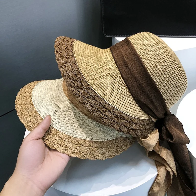 Large Brim Straw Hat with Bow Ribbon Women Summer Anti-Uv Sun Protection Hat Foldable Breathable Visors Outdoor Travel Beach Cap