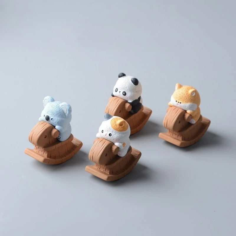Cute Rocking Horse Cat Panda Resin Figurine, Lovely Desk Ornament Creative Gift Decoration. Playful Animal Riding Horse Design