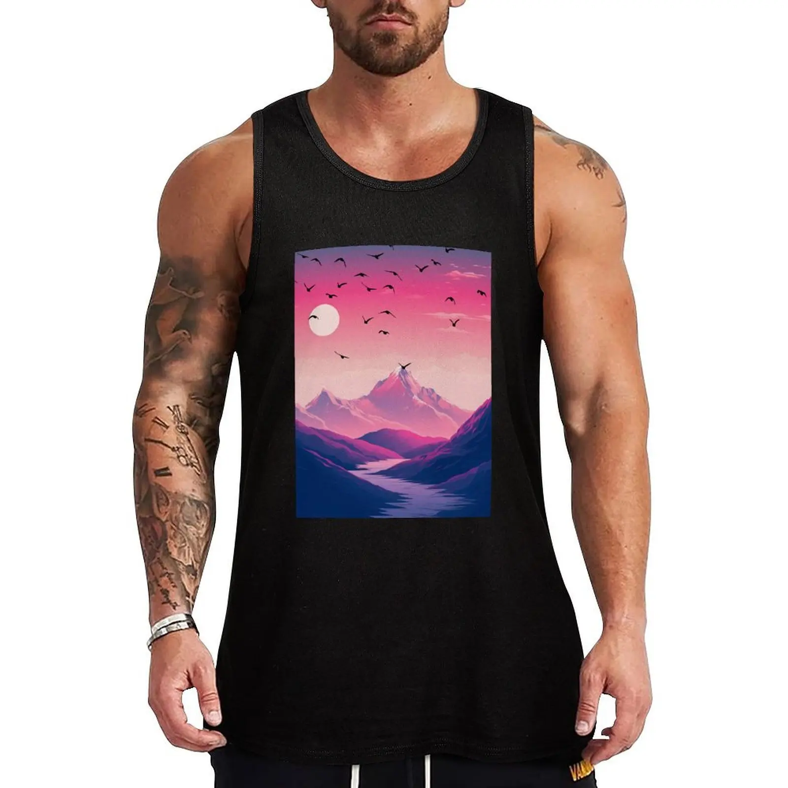 

Romantic sunset sunrise flying crows Tank Top Bodybuilding Fitness Tank Top Sleeveless Gym Shirt