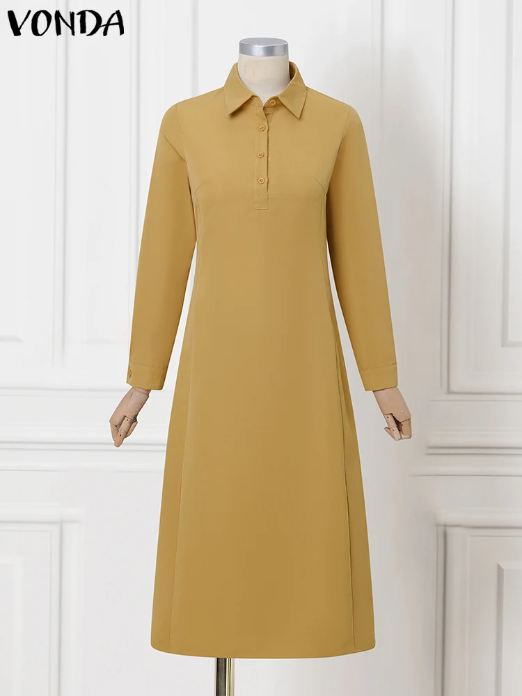 2025 Vestidos camiseros largos elegantes para mujer VONDA, Vestidos largos lisos con cuello de solapa de manga larga, Vestidos de otoño con botones y bolsillos, bata de fiesta para mujer