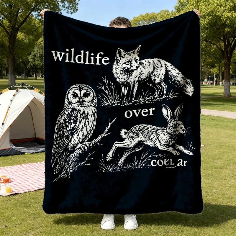 Wildlife Over People Flannel Blanket, Vintage Animal Flannel Throw, Fox Owl Hare Cottagecore Cozy Blanket