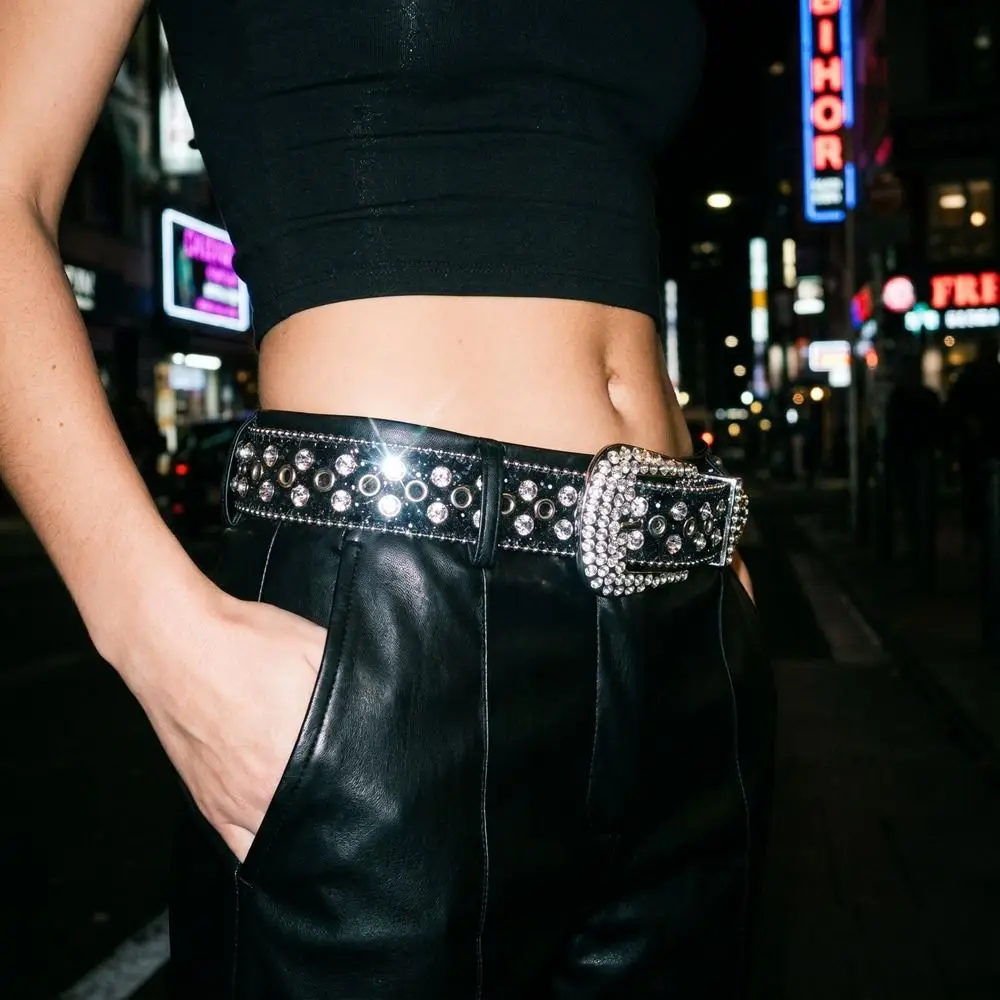 Punk PU Leather Rhinestone Belts Y2K Blingbling Rivet Belt Silver Spicy Girl Women Waistband Women