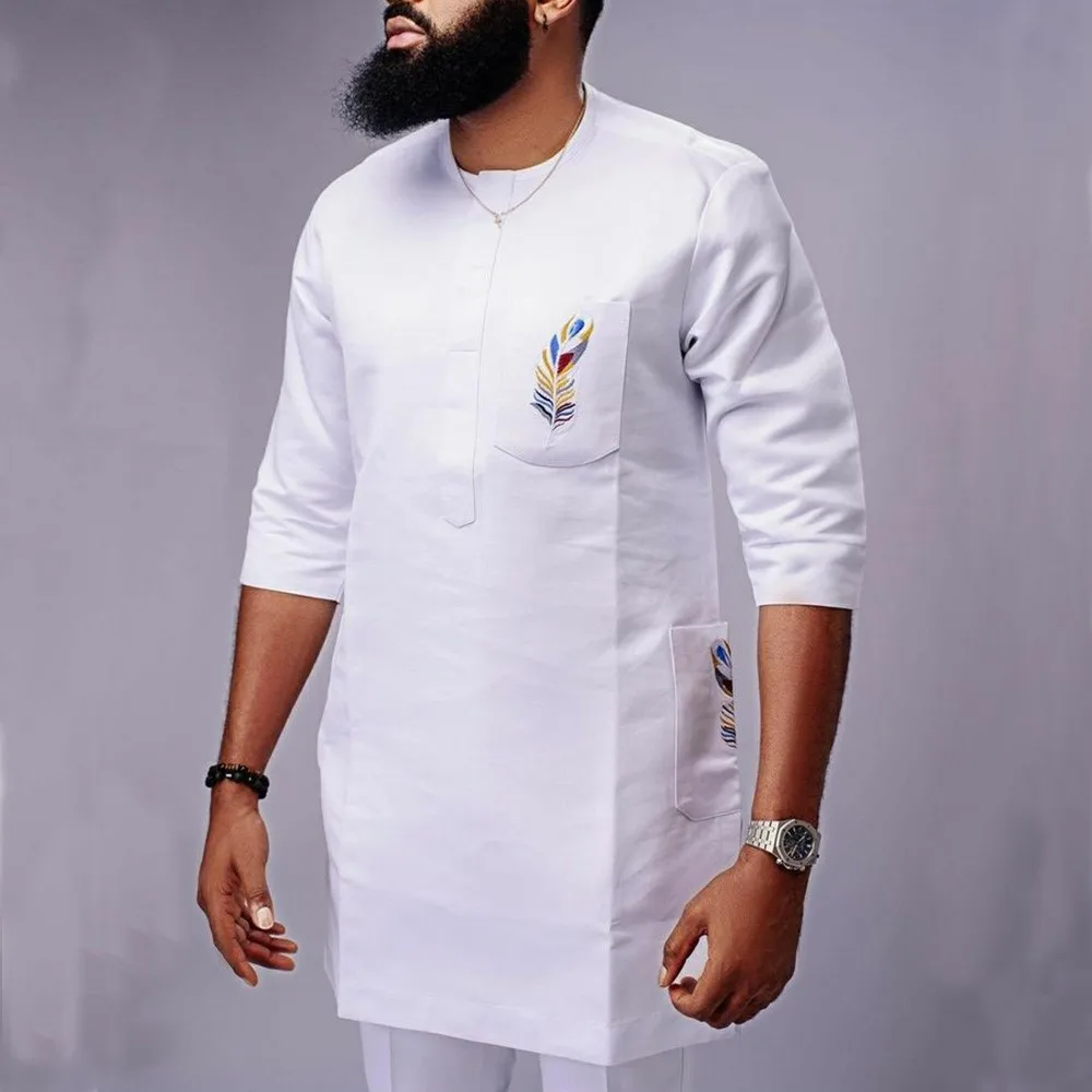 New In African Summer Business Men\'s Short Sleeve Suit Embroidery Dashiki Shirt Pants Sets 2 Pieces Outfits Wedding Party Boubou