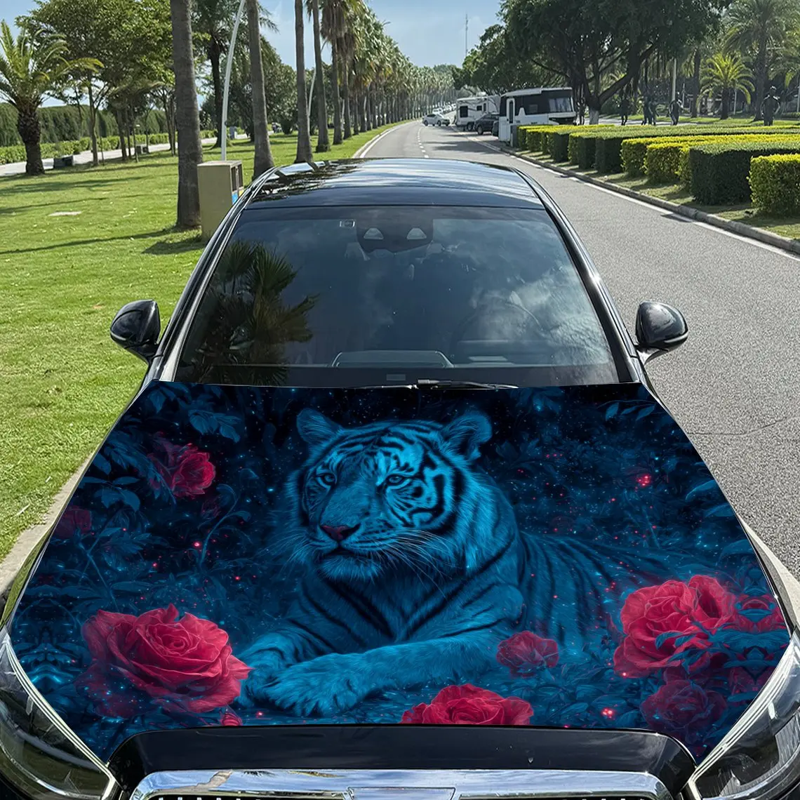 Tigre bleu fascinant sur les Roses rouges et la scène étoilée, film en vinyle pour voiture, autocollant imperméable pour capot de voiture en PVC, Scr auto-adhésif