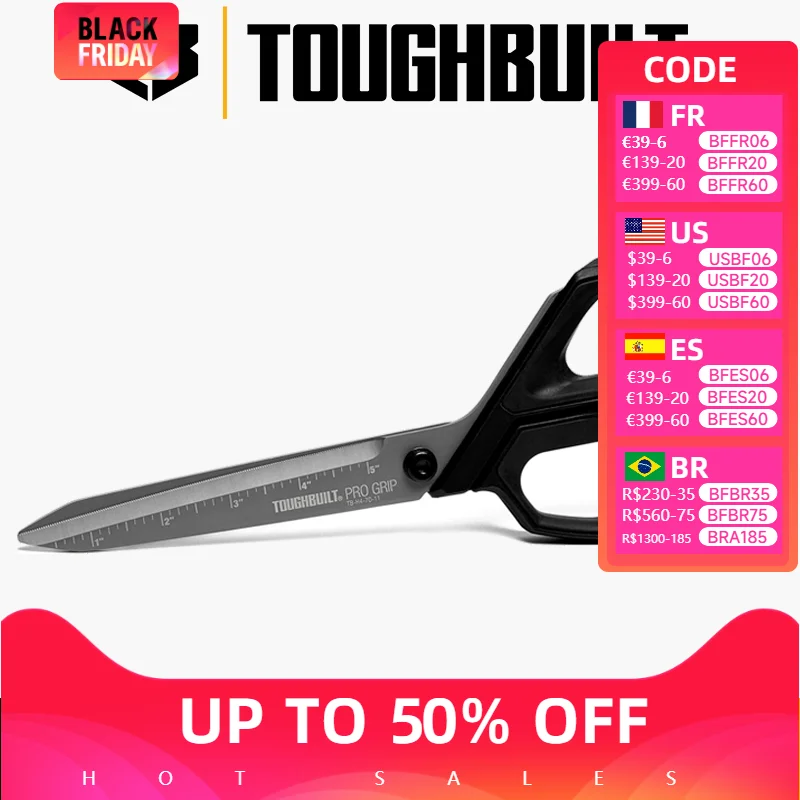 TOUGHBUILT TB-H4-70-10-LR 5-in Micro-serrated Open Handle Spring Assisted Scissors Hand Tools Toughbuilt Scissors