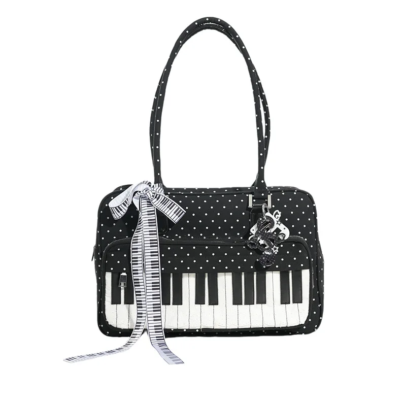 Polka Dot Piano Key Umhängetasche, große Handtasche in Kontrastfarbe, Y2k JK Mädchen-Aktentasche, Damen Wave Point Bowling-Einkaufstasche – Detail 20