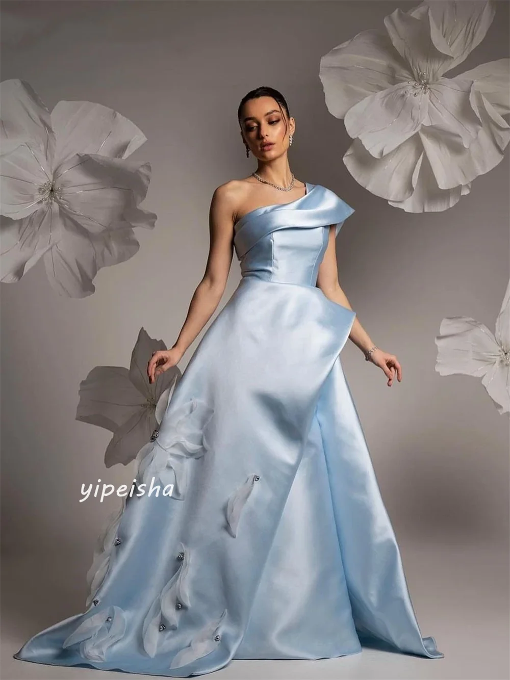 Satin Flower Beading Ruched Cocktail Party A-line One-shoulder Bespoke Occasion Gown Long Dresses