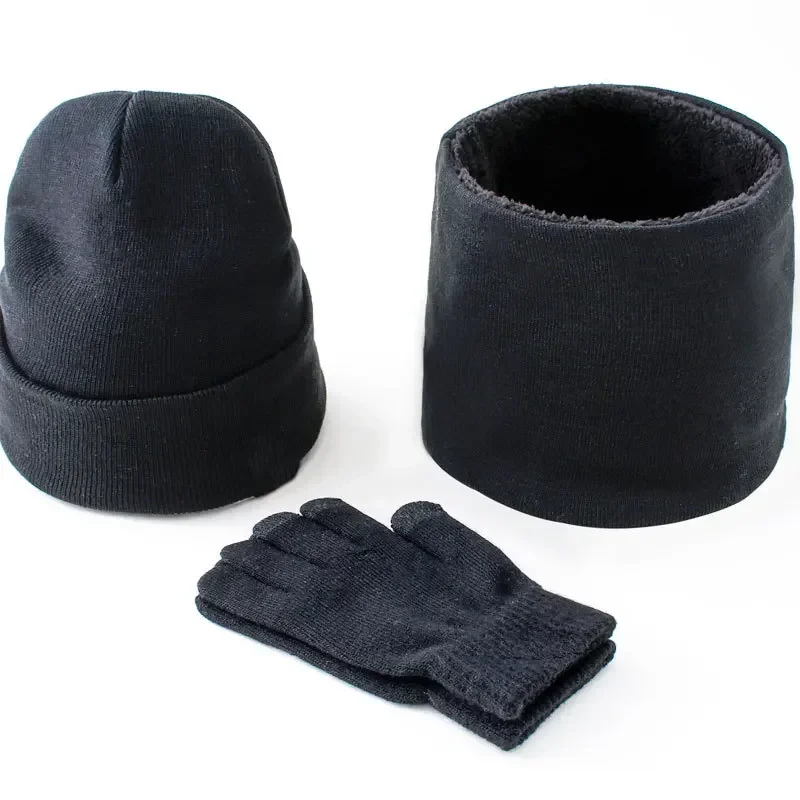 Fashion Thickened Knitted Hat Neck Scarf Glove for Men Autumn Winter Cold Protection Warm Three Piece Set Clothing Accessories