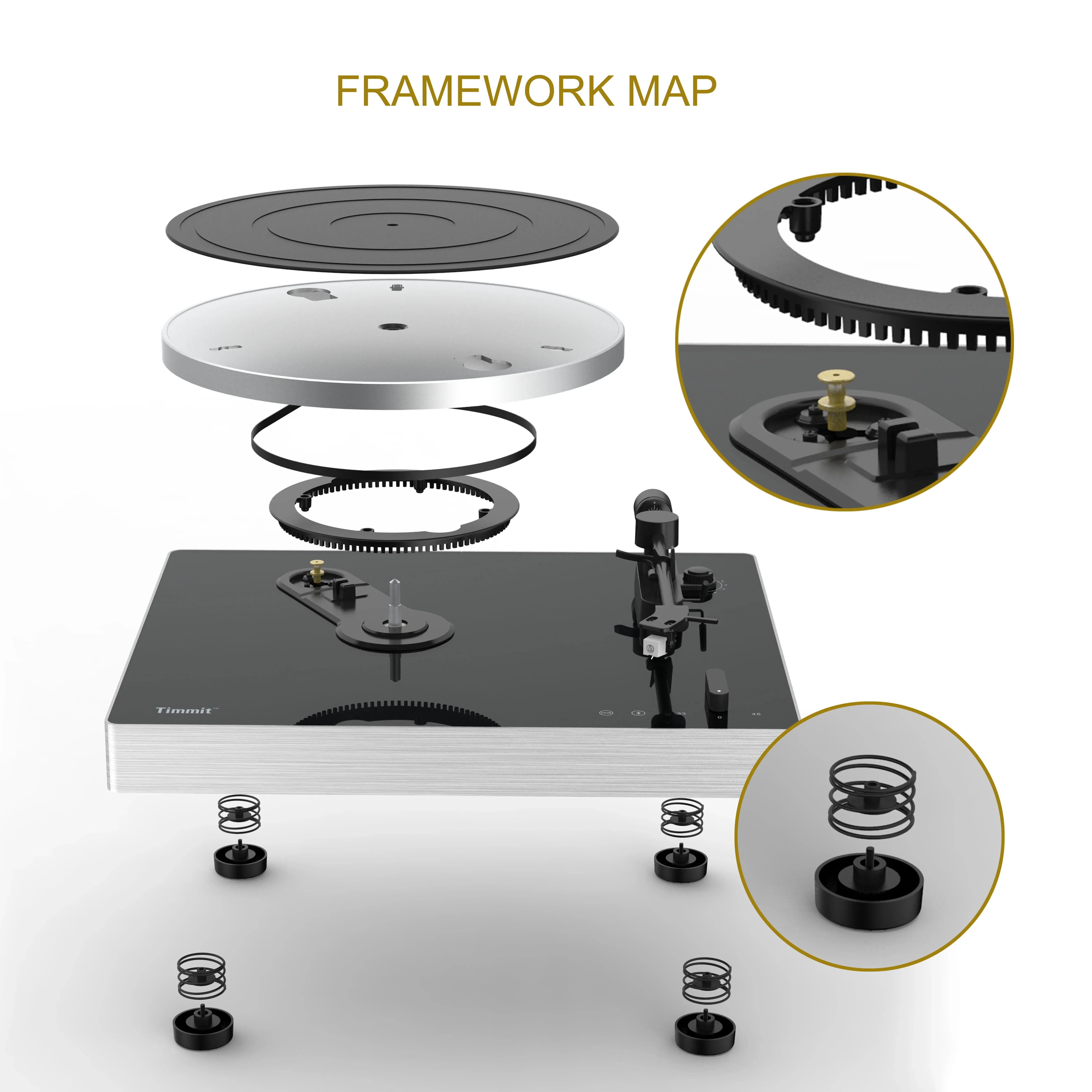 Hot Selling Classic Vintage Design Record Player Gramophone Aluminium Turntable with Bluetooth Transmitters and USB to PC Record