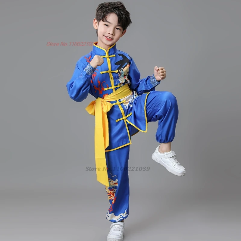 Costume traditionnel chinois de kung fu pour enfants, uniforme de wushu imprimé de dragon, exercice d'entraînement de wing-chun, 2024