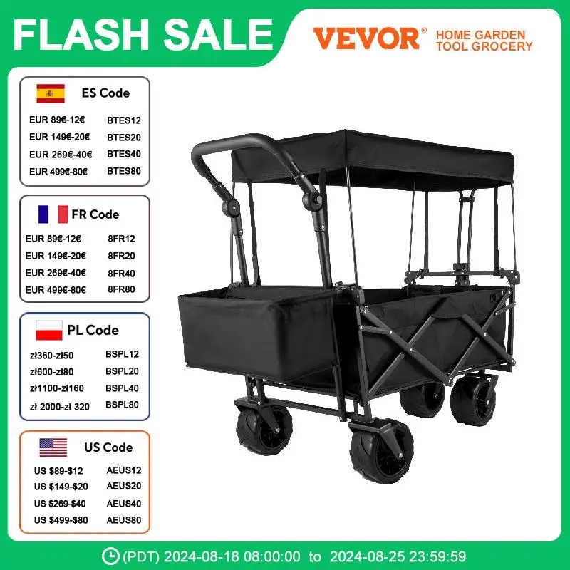 

VEVOR Extra Large Collapsible Garden Cart Folding Wagon Utility Carts With Removable Canopy&Wheels Outdoor Camping Wagon Cart