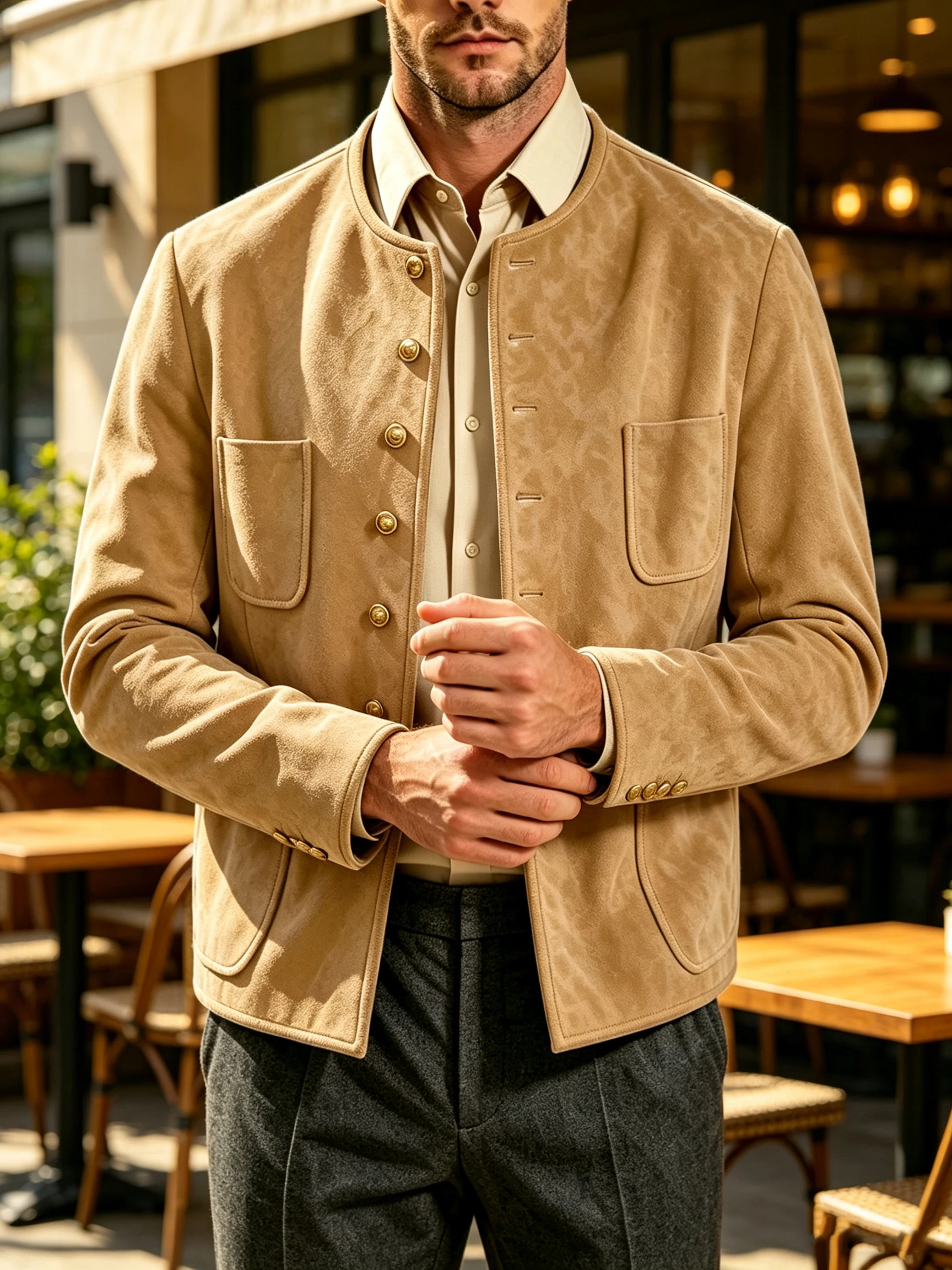 Vintage Men's Stand Collar Blazer Faux Suede Suit Jacket Multi Pocket Business Casual Outerwear Autumn Winter Sport Coat