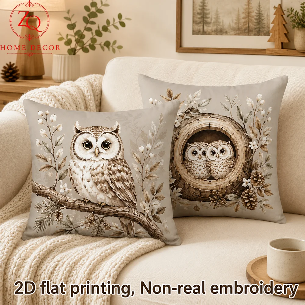 Vintage Owl Pillowcase Peach Skin 2D Flat Printed Cushion Cover Woodland Animal Throw Pillow Case Decor For Sofa Living Room