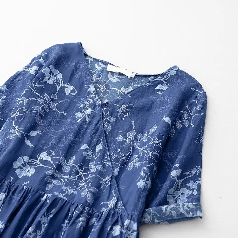 Boho Chic Ramie Sommerkleid Damen 2025 – Luftiges, knielanges, marineblaues Strandkleid mit Blumendruck, Resort Wear G331