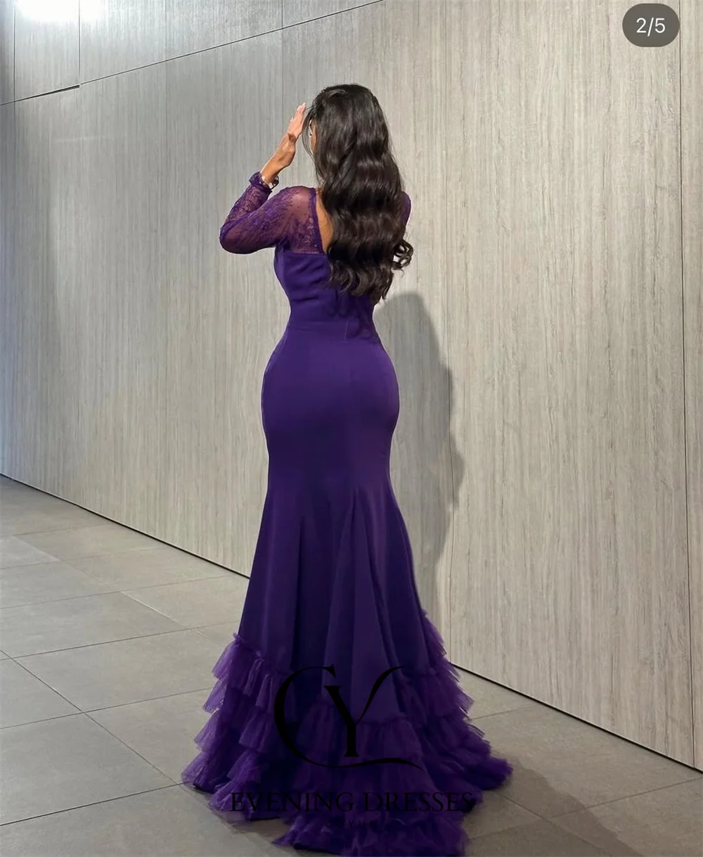 فساتين سهرة للنساء من CUYUN باللون الأرجواني الداكن حورية البحر من الدانتيل وأكمام طويلة متدرجة مطوي للحفلات فستان رسمي مخصص #2