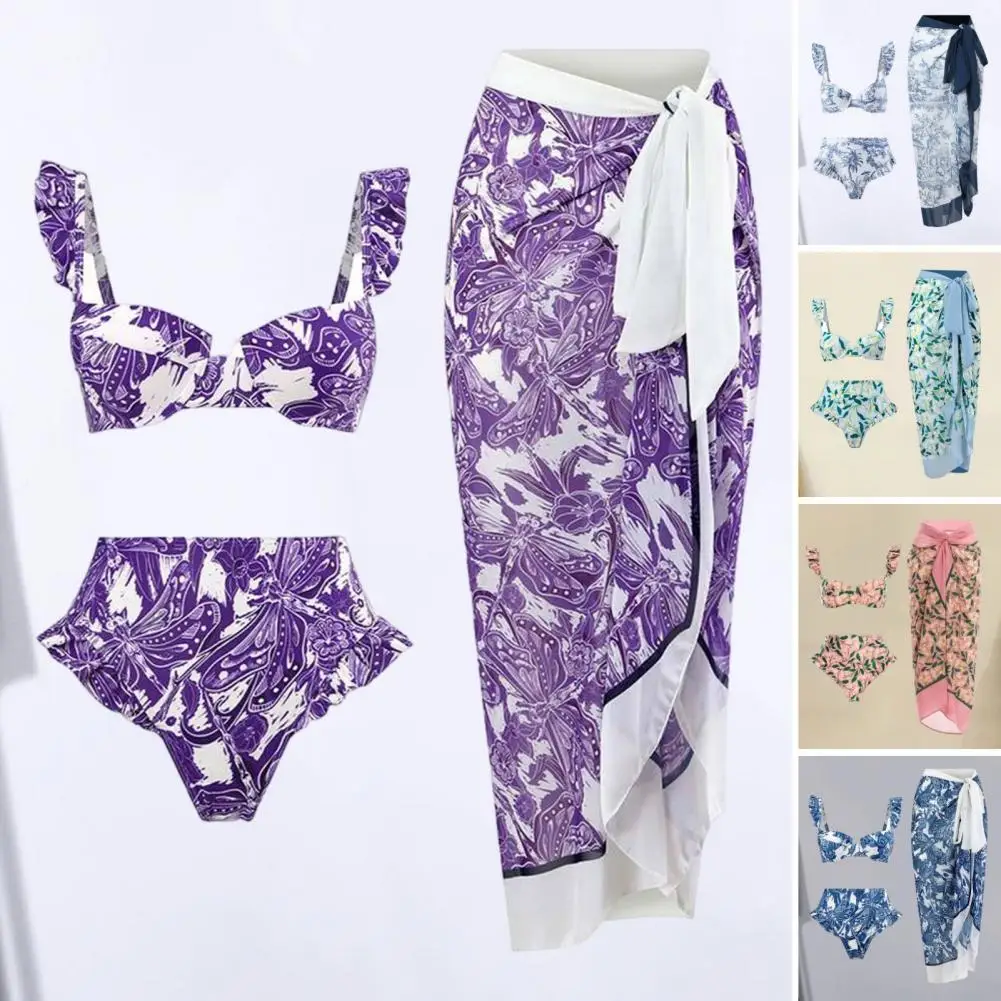 Conjunto de Bikini estampado estilo bohemio, traje de baño de estilo bohemio con manga con volantes, Sujetador Bandeau de cintura alta, ropa de playa con estampado Floral