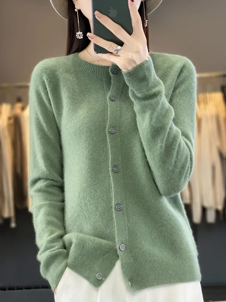 Aliselect New Fashion Women Clothing 100% Merino Wool Sweater O-Neck Long Sleeve Spring Autumn Winter Cardigan Knitwears Tops