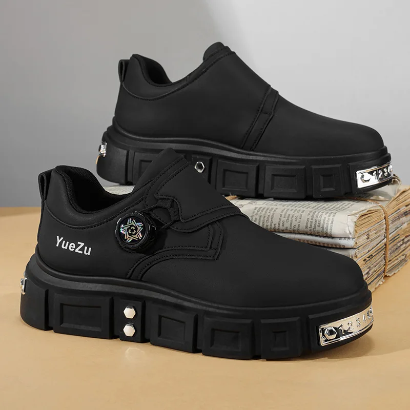 Men's shoes - Spring versatile black large-head casual shoes with rotating buttons, thick sole, heightening feature, fashionable