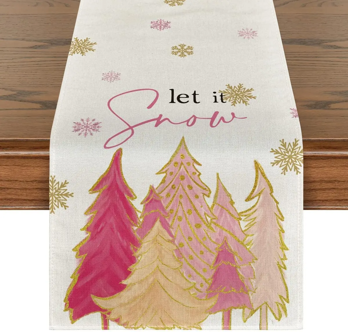 Pink Christmas Tree Let It Snow Snowflake Linen Table Runner Party Decor Winter Xmas Dining Table Runners Christmas Decorations