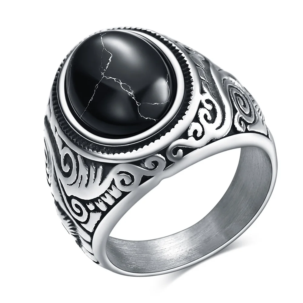 Men\'s Oval Gem Stone Stainless Steel Finger Ring US Size 7/8/9/10/11/12/13/14/15