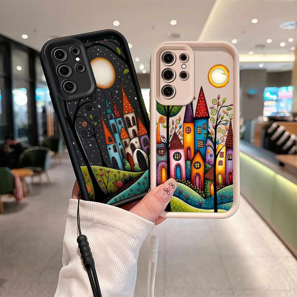 Hand Painted Forest House Illustration Phone Case for Samsung S24 S23 S22 S21 S20 Plus Soft Silicone TPU Cover with Hand Strap