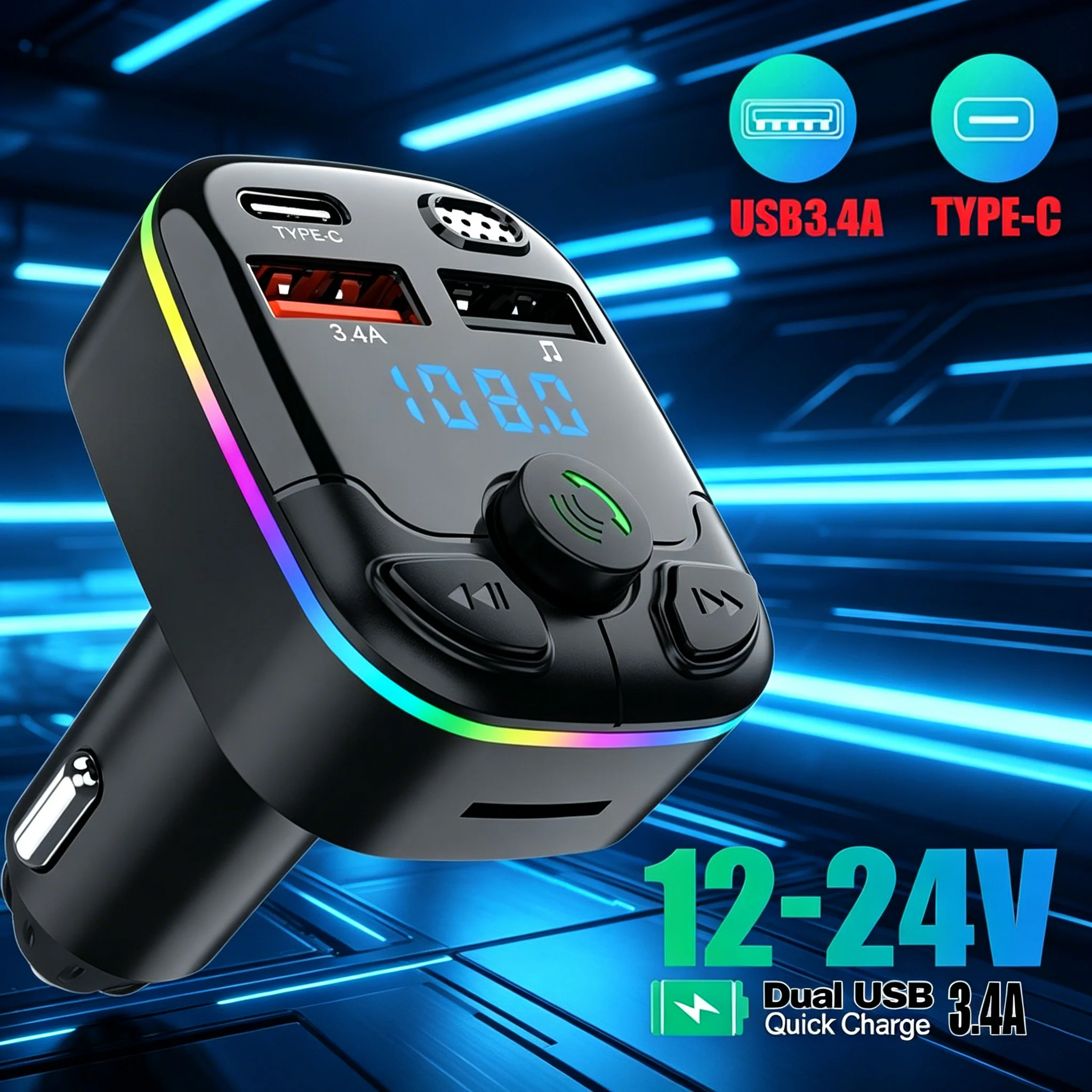 Car Charger Bluetooth 5.0 FM Transmitter 12V-24V 3.1A Fast Charging USB/TF Card MP3 Player Wireless