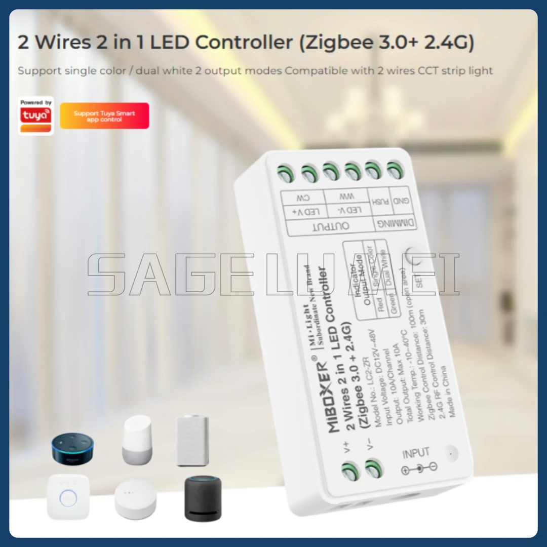 

LC2-ZR Miboxer Zigbee 3.0+2.4G RF 2Wires 2in1 Brightness adjustable Single color/Dual white CCT Controller Dimmer for Led Strip