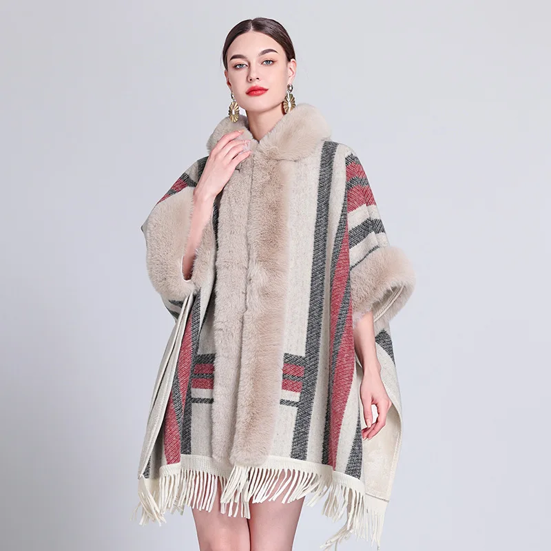 Lining Velvet Cardigan Outstreet Tassel Coat With Hat Oversize Mantle Women Winter Thick Cloak Fake Fur Collar Loose Poncho Cape