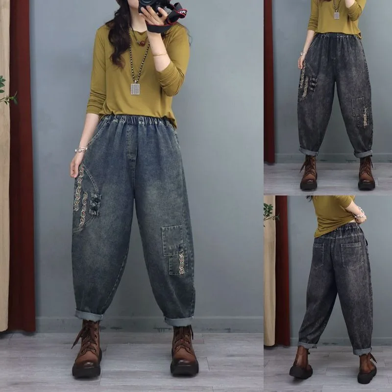 

Women's jeans denim for lady Spanx Women's Vintage Buckle Embroidered Jeans, Elastic Waist Baggy Cargo Pants, Spring Autumn New