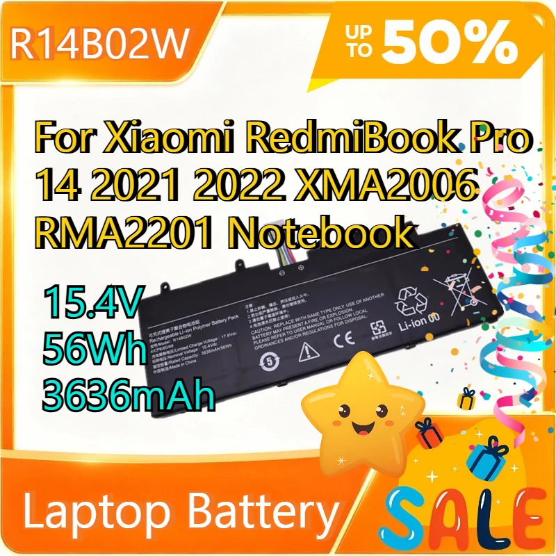 R14B02W 15.4V 56Wh 3636mAh Replacement Laptop Battery For Xiaomi RedmiBook Pro 14 2021 2022 XMA2006 RMA2201 Notebook