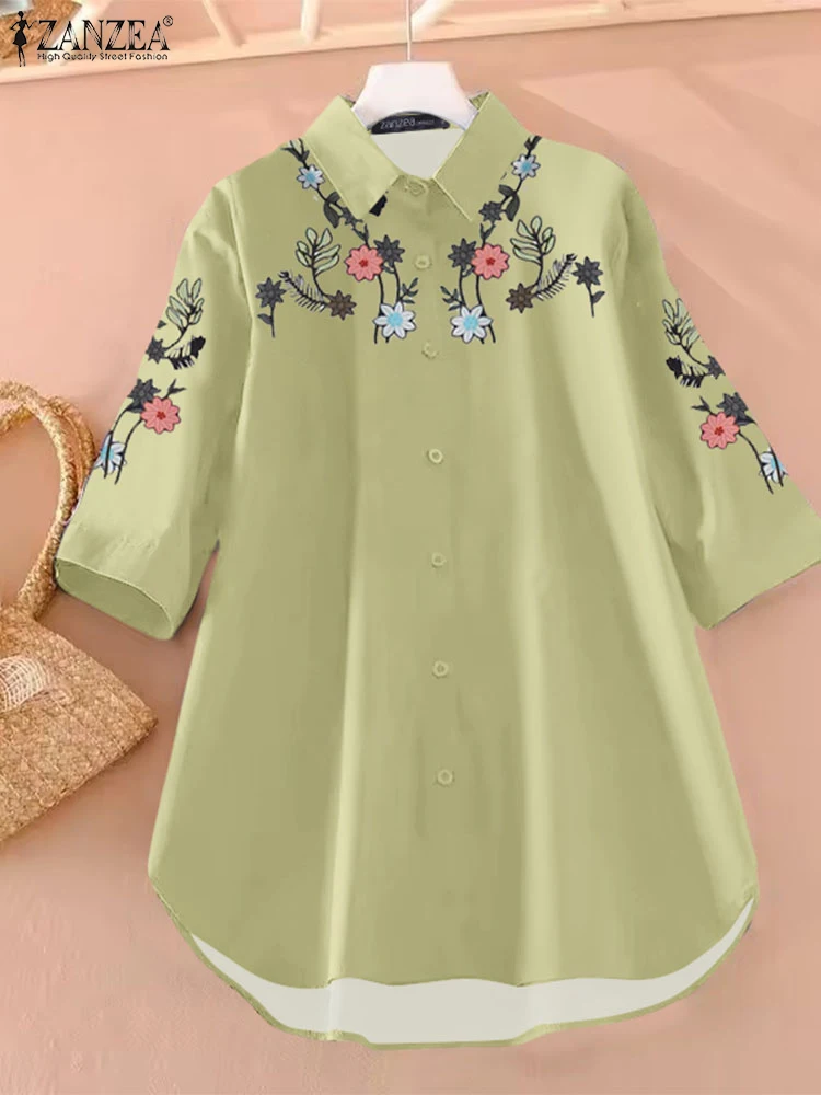 ZANZEA 花柄プリントロングシャツトップス女性ヴィンテージ Blusas 夏 3/4 スリーブ Lepel ネックチュニック 2025 カジュアルカーディガン