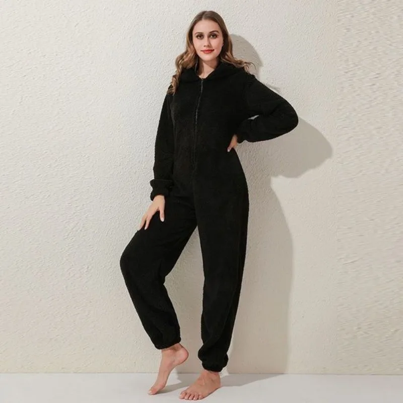 New style Double-faced velvet Fall and winter style Women's dress Extra fleece and thicker Cute Furry jumpsuit Hooded pajamas