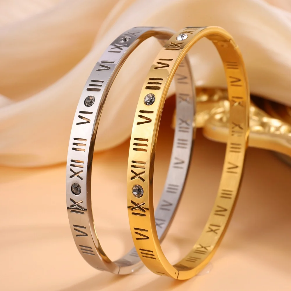 Roman Numerals Crystal Sparkling Zirconia Inlaid Stainless Steel Bracelet for Women Stackable Bangles Non Fading Jewelry Gift