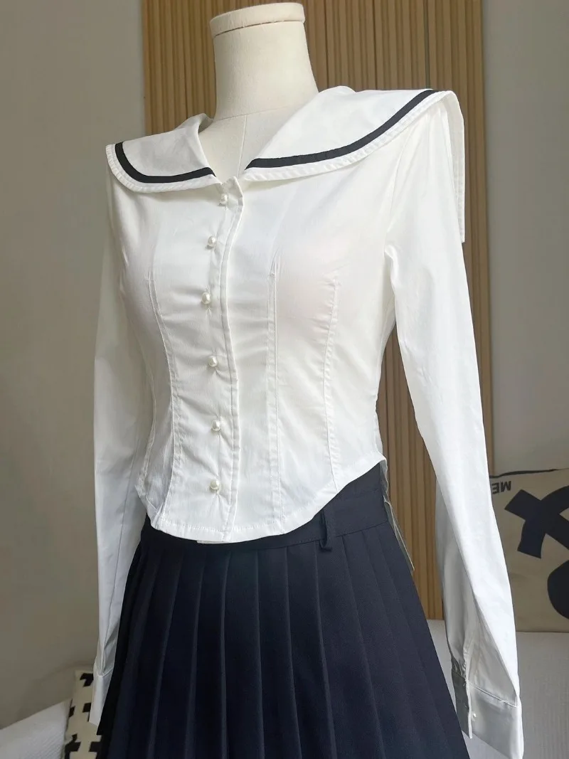 Kimotimo Women Shirts Preppy Style Sailor Collar Slim Fit Waist Irregular Crop Top Autumn Vintage Y2k Aesthetic Button Up Blouse