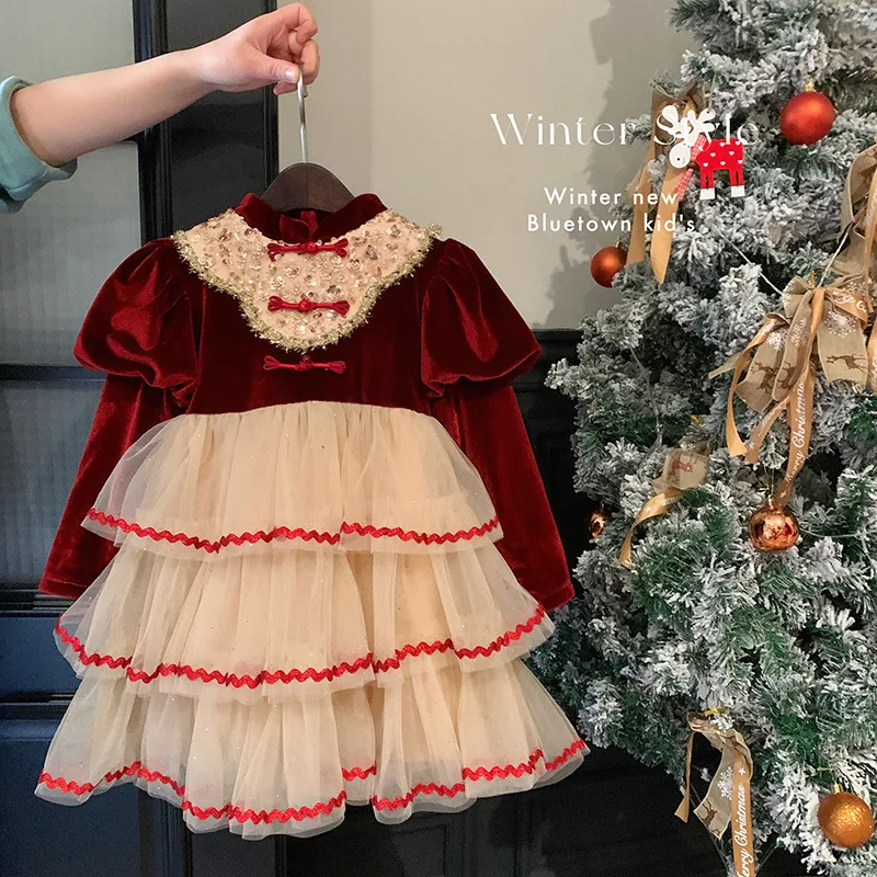 2024Girls New Year Christmas Red Puffy Lolita Princess Dress Dress