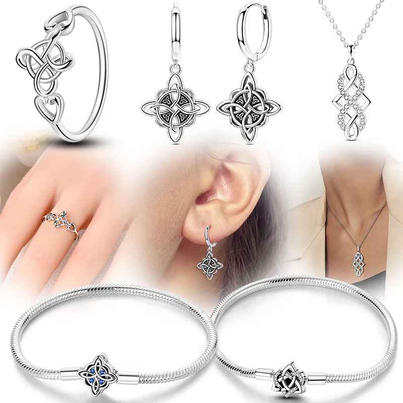 

Original 925 Sterling Silver Celtic Knot Series Earring Bracelet Ring Necklace for Women Party Wedding Fine Jewelry Set Gift