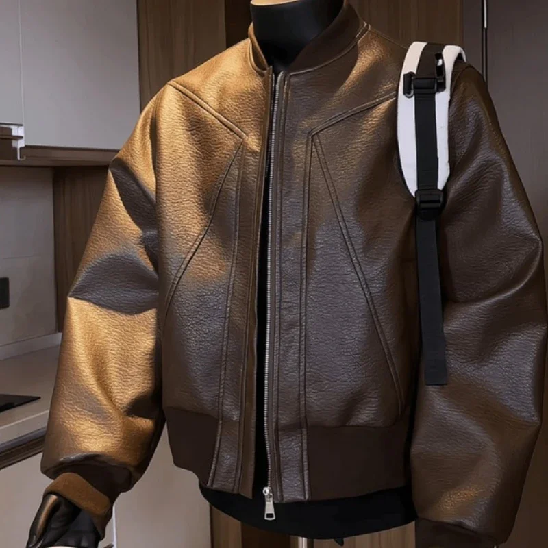 

2025 г., мужское модное кожаное пальто для пригородных поездок, американский тренд, ретро кожаные универсальные повседневные куртки с воротником-стойкой, кожаные куртки