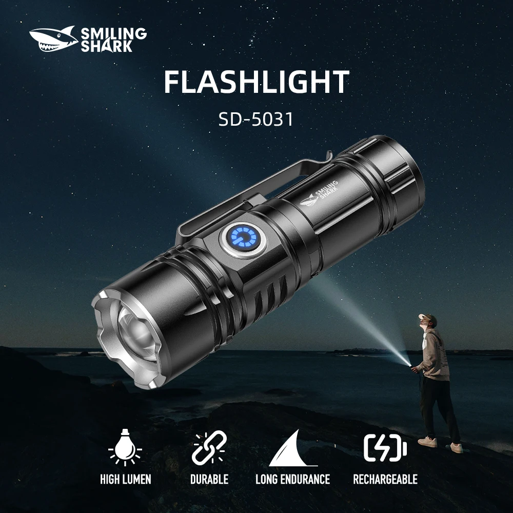 

Светодиодный фонарик Smiling Shark SD-5031, супер яркий ручной фонарик, долговечная перезаряжаемая вспышка для улицы
