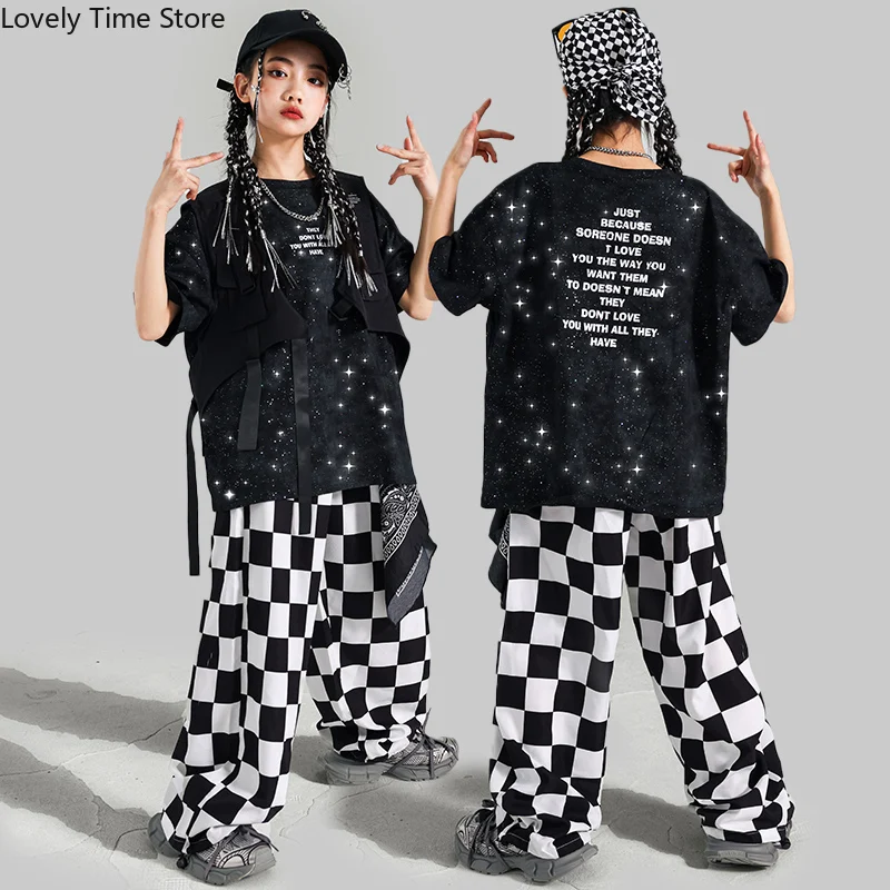 

Крутая футболка с блестками в стиле хип-хоп для мальчиков, жилет, клетчатые брюки для бега, костюмы K-pop для девочек, детская уличная одежда, детские комплекты одежды для джазовых танцев