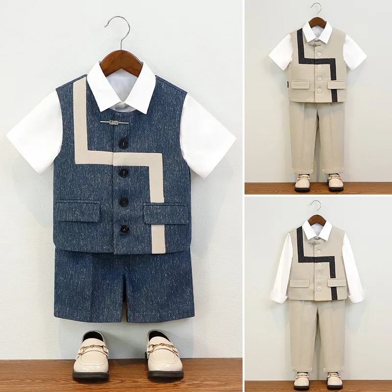 Summer Children Boys Suit Set Stylish Flower 1-10Y Boys Formal Wedding Suit Outfit Spliced Kids Baby Boys Vest Shirt Shorts Suit